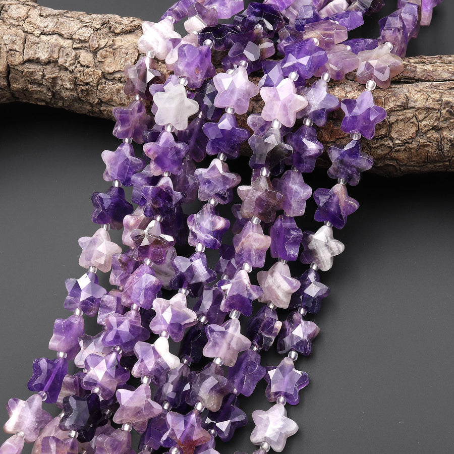 Sparkling Faceted Natural Amethyst Beads 10mm 14mm Carved Star Gemstone 15" Strand