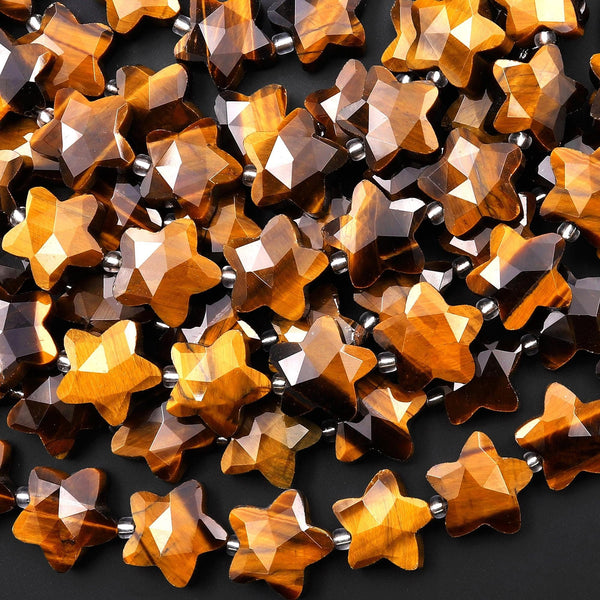 Sparkling Faceted Natural Tiger's Eye Beads 10mm 14mm Carved Star Gemstone 15" Strand
