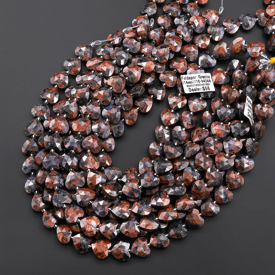 Faceted Natural Feldspar Granite Heart Beads 14mm Gemstone 15" Strand