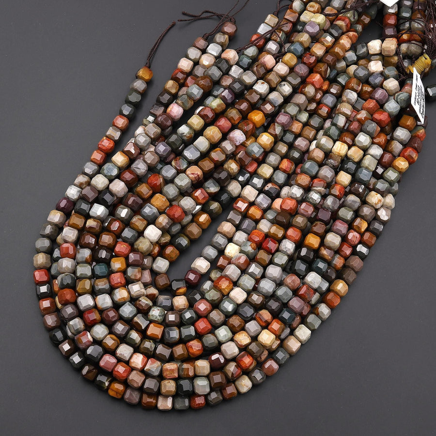 AAA Faceted Natural Polychrome Landscape Ocean Jasper 7mm 8mm Cube Beads 15.5" Strand