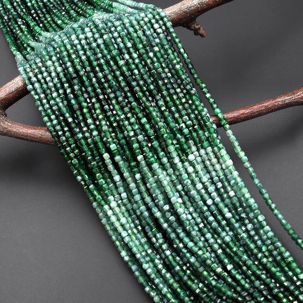 AAA Faceted Natural Green Burma Jade 2mm Cube Beads Ombre Gemstone 15.5" Strand