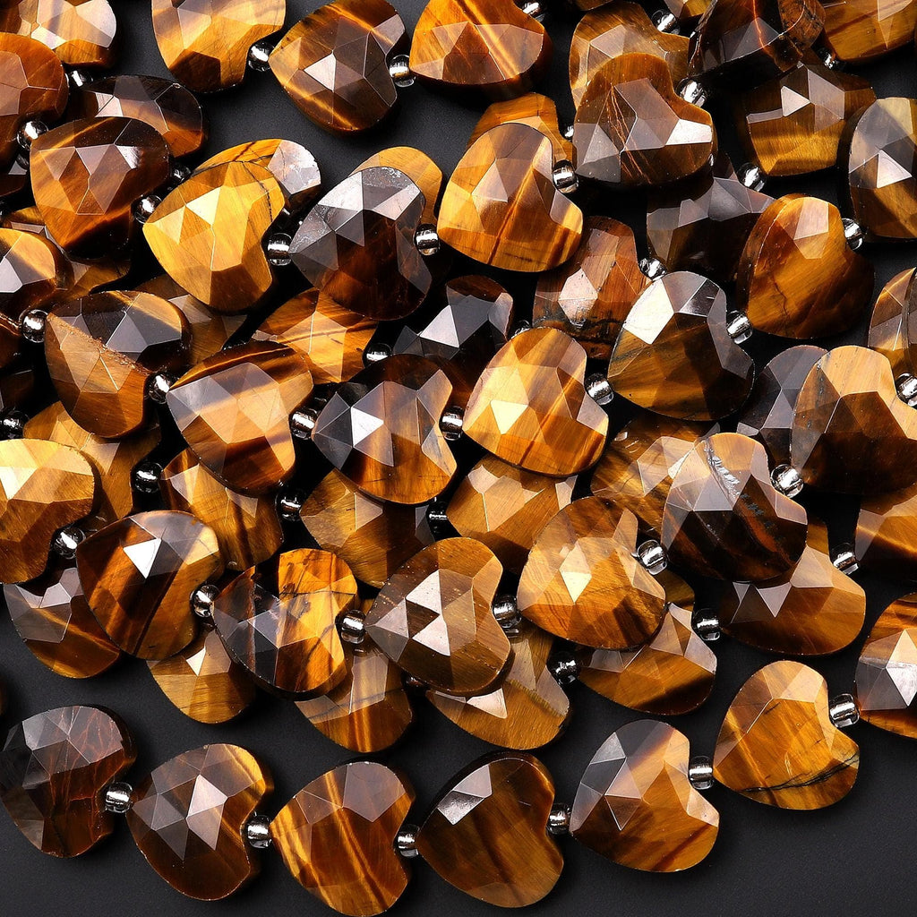 AAA Natural Tiger's Eye Faceted Heart Beads 14mm Golden Chatoyant Gemstone 15" Strand
