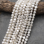 Genuine Natural White Freshwater Pearl 4 6mm 8mm 10mm Center Drilled Rounded Nugget Button Pearl 14.5" Strand