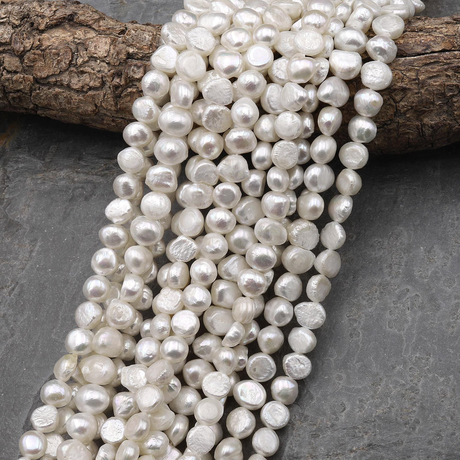 Genuine Natural White Freshwater Pearl 4 6mm 8mm 10mm Center Drilled Rounded Nugget Button Pearl 14.5" Strand
