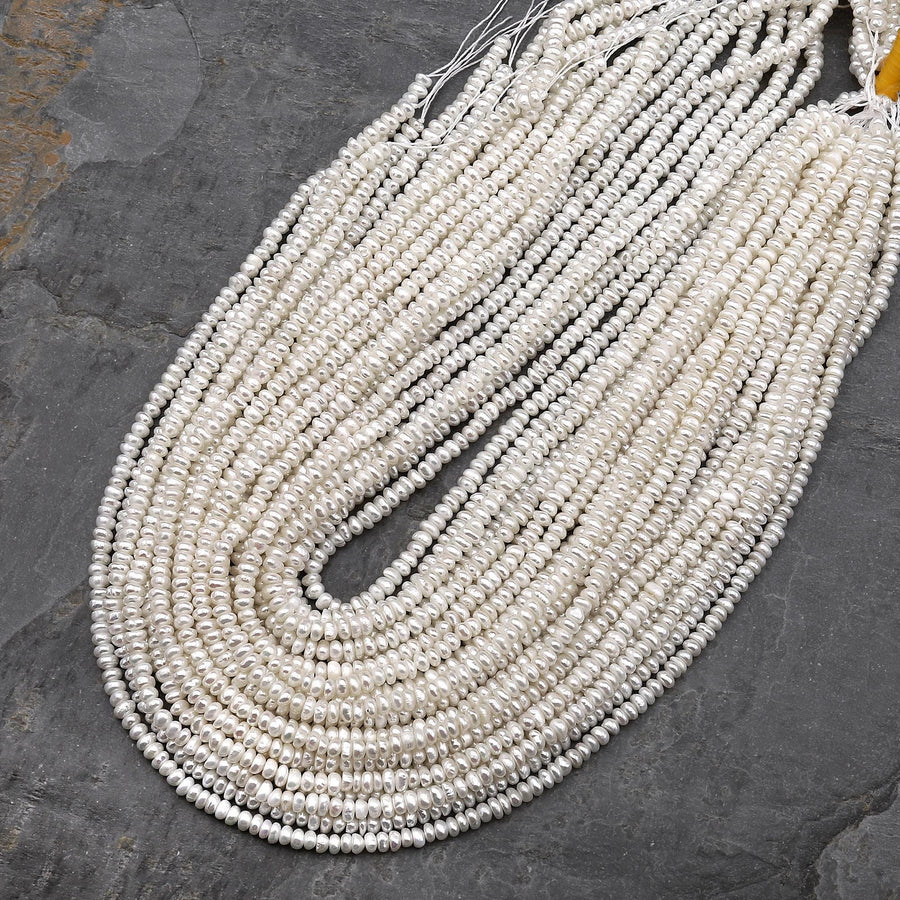 Genuine White Freshwater Pearl 4mm Center Drilled Rondelle Beads Shimmery Iridescent Classic Pearl 15.5" Strand