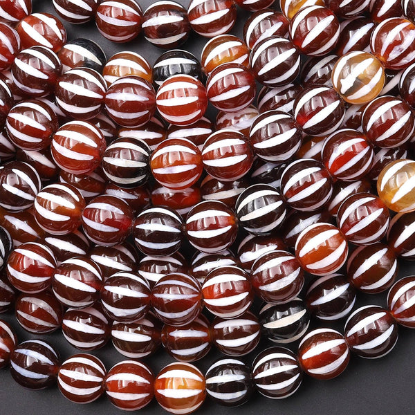 Tibetan Agate 8mm 10mm Round Beads Red Dzi Agate Wavy Etched Line Melon Pumpkin Mala Antique Boho Beads 15.5" Strand