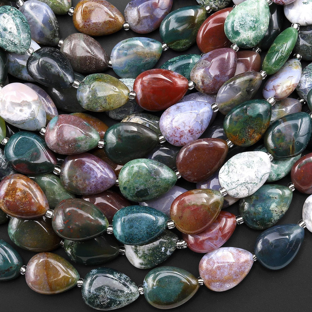 Natural Indian Agate Smooth Teardrop Beads Vertically Drilled Aka Green Red Bloodstone 15" Strand