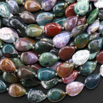 Natural Indian Agate Smooth Teardrop Beads Vertically Drilled Aka Green Red Bloodstone 15" Strand
