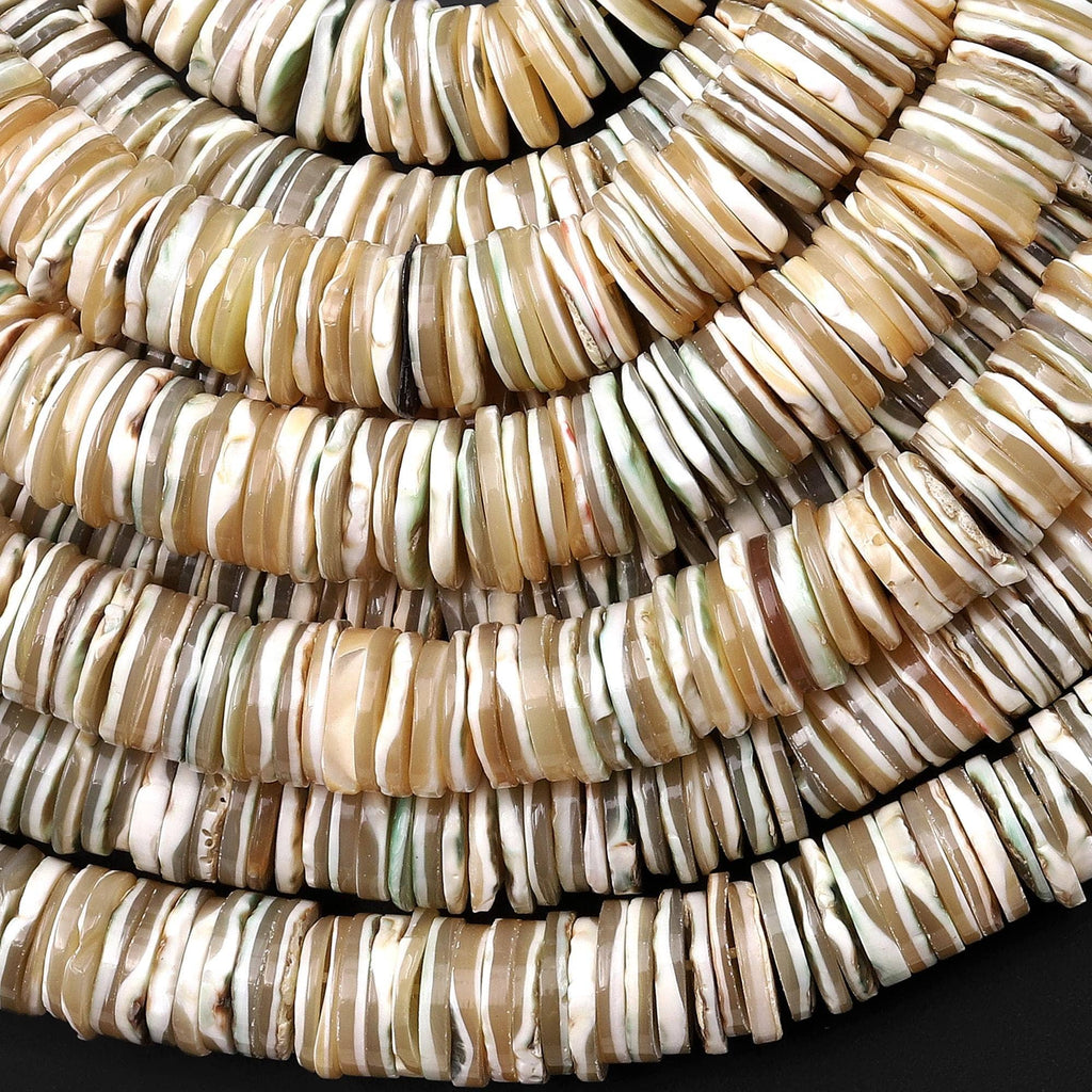 Natural Brown Green Mother of Pearl 9mm 10mm Thin Heishi Rondelle Beads 15.5" Strand