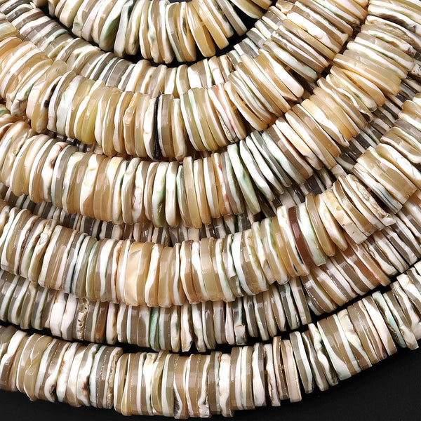 Natural Brown Green Mother of Pearl 9mm 10mm Thin Heishi Rondelle Beads 15.5" Strand