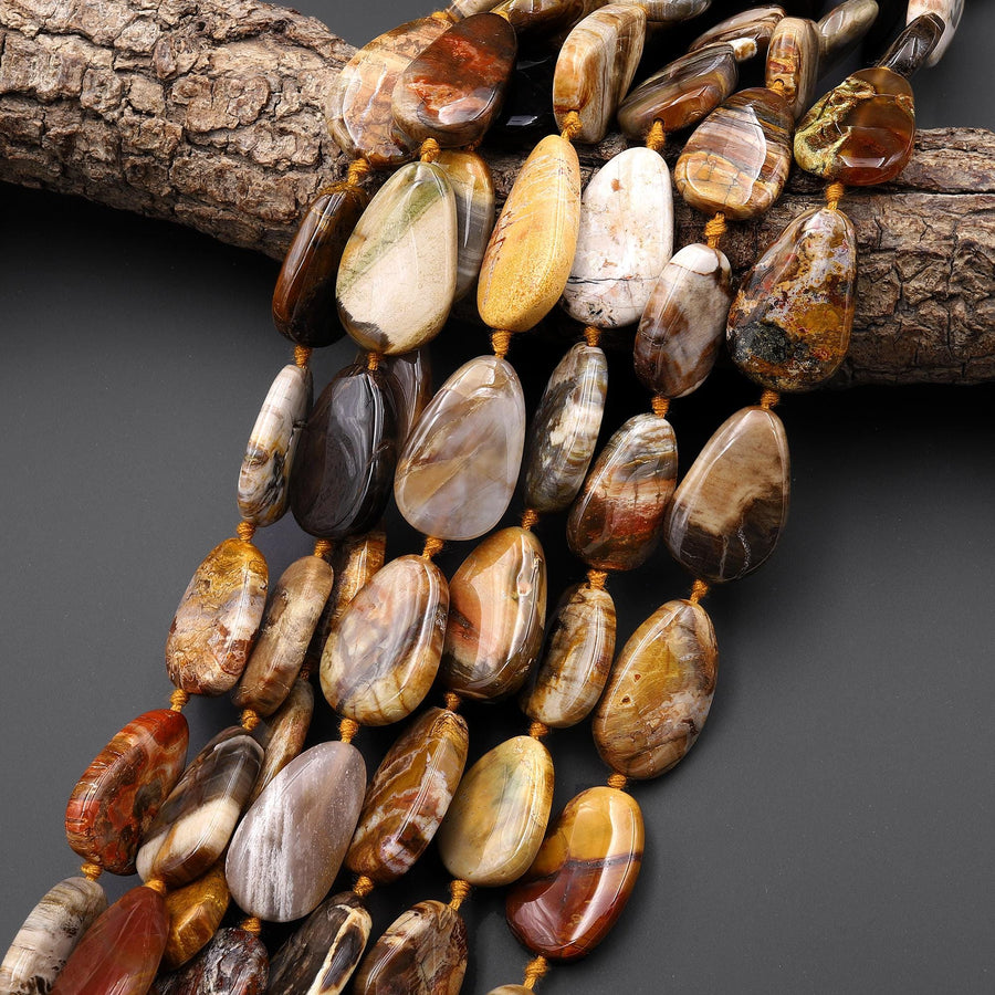 AAA Natural Petrified Wood Smooth Freeform Teardrop Nugget Beads Earthy Brown Tan Beige Taupe Gemstone 15.5" Strand