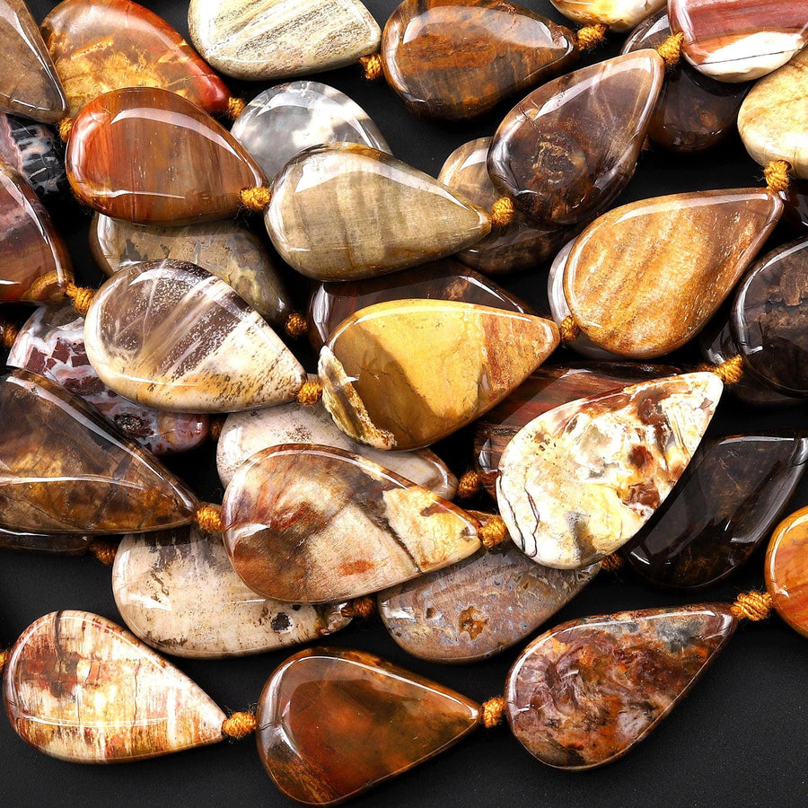 AAA Vertically Drilled Natural Petrified Wood Smooth Teardrop Beads 15.5" Strand