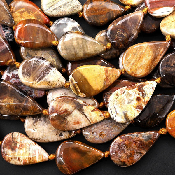 AAA Vertically Drilled Natural Petrified Wood Smooth Teardrop Beads 15.5" Strand