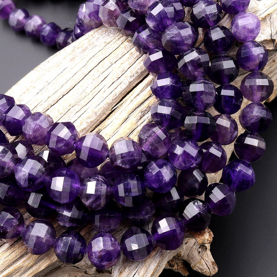 AAA Faceted Lantern Cut Natural Purple Amethyst 8mm Round Gemstone Beads 15.5" Strand