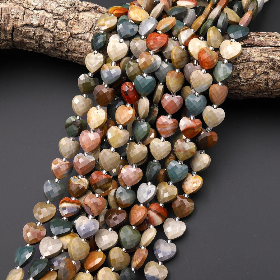 AAA Natural Landscape Ocean Jasper Faceted Heart Beads 12mm Gemstone 15.5" Strand
