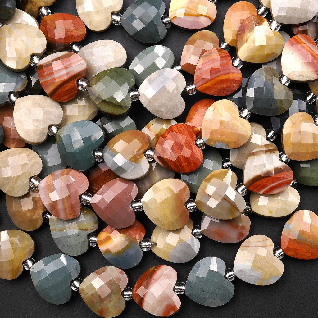 AAA Natural Landscape Ocean Jasper Faceted Heart Beads 12mm Gemstone 15.5" Strand
