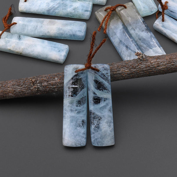 Natural Blue Aquamarine Earring Rectangle Pair Drilled Matched Gemstone Beads A6