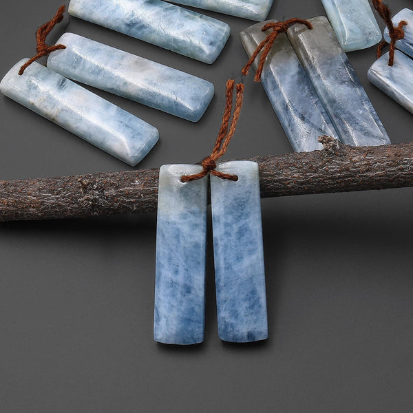 Natural Blue Aquamarine Earring Rectangle Pair Drilled Matched Gemstone Beads A7