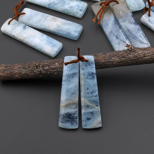 Natural Blue Aquamarine Earring Rectangle Pair Drilled Matched Gemstone Beads A8