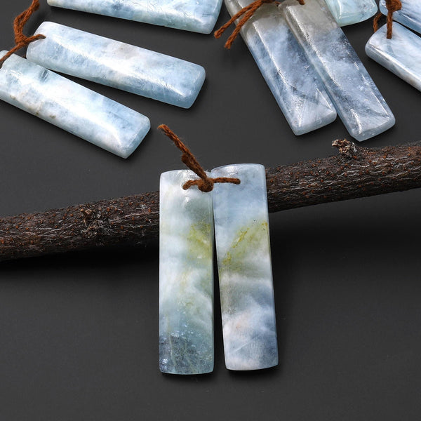 Natural Blue Aquamarine Earring Rectangle Pair Drilled Matched Gemstone Beads A12