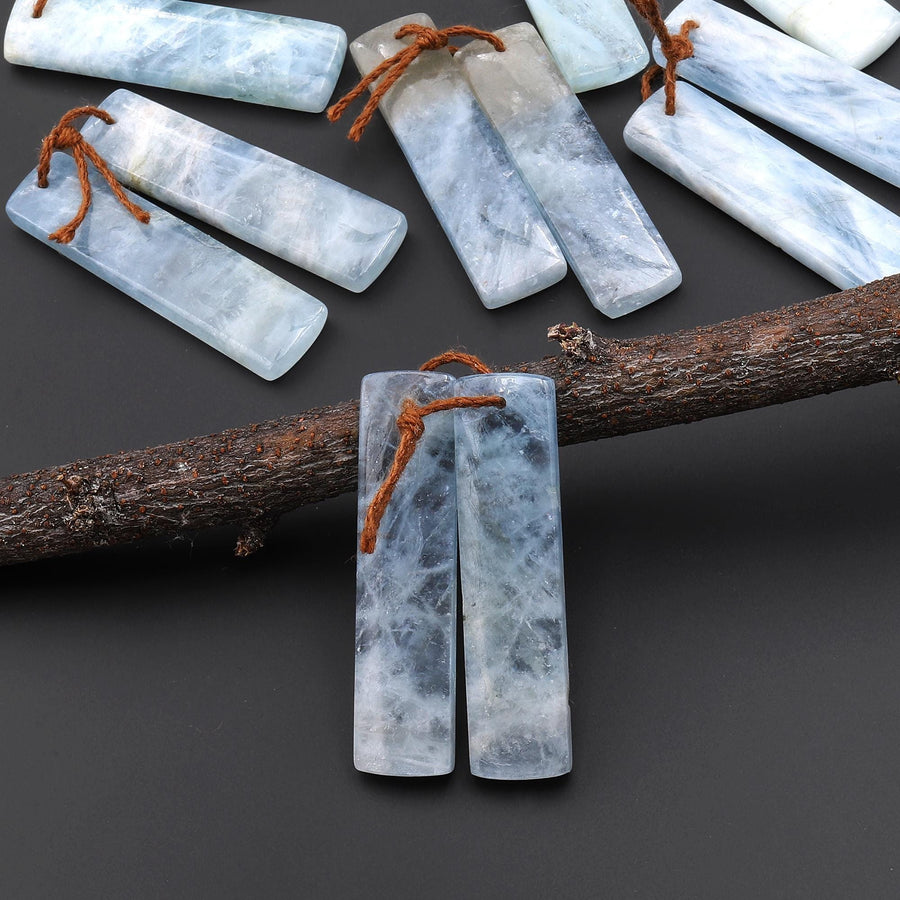 Natural Blue Aquamarine Earring Rectangle Pair Drilled Matched Gemstone Beads A15