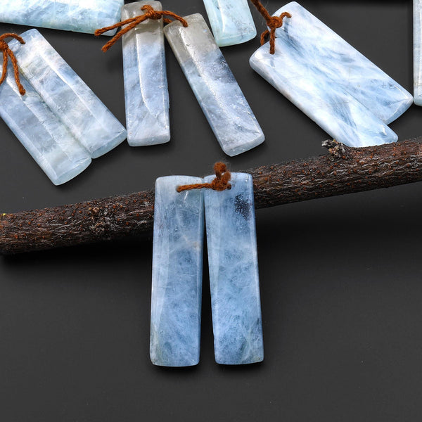 Natural Blue Aquamarine Earring Rectangle Pair Drilled Matched Gemstone Beads A16