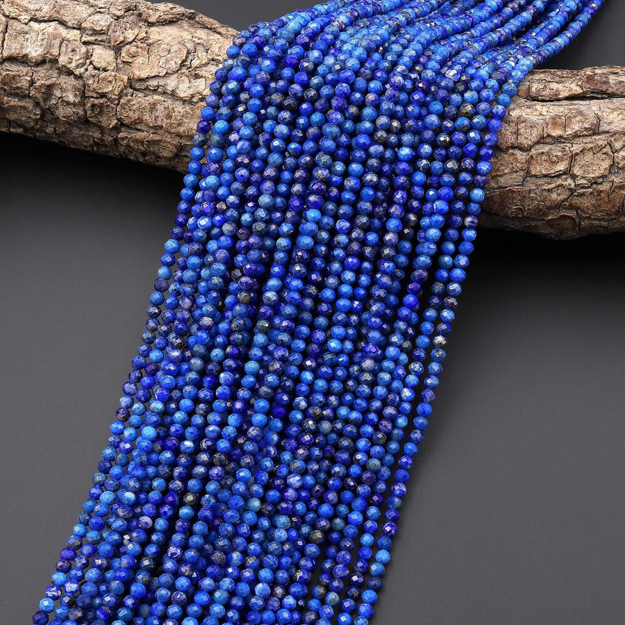 Faceted Natural Denim Blue Lapis 3mm Round Beads Gemstone 15.5" Strand