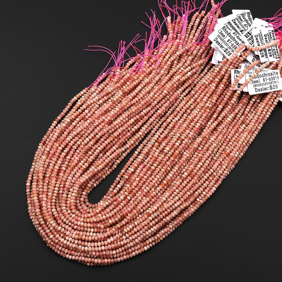 Faceted Natural Rhodochrosite 3mm Thin Rondelle Gemstone Beads 15.5" Strand