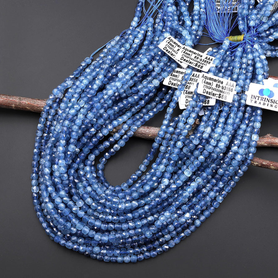 AAA Translucent Natural Santa Maria Blue Aquamarine Faceted 4mm Cube Dice Beads Birthstone Gemstone 15.5" Strand