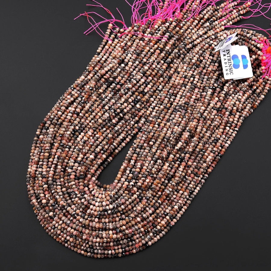 Natural Rhodochrosite 3mm Faceted Rondelle Beads Black Iron Matrix Micro Diamond Cut Gemstone 15.5" Strand