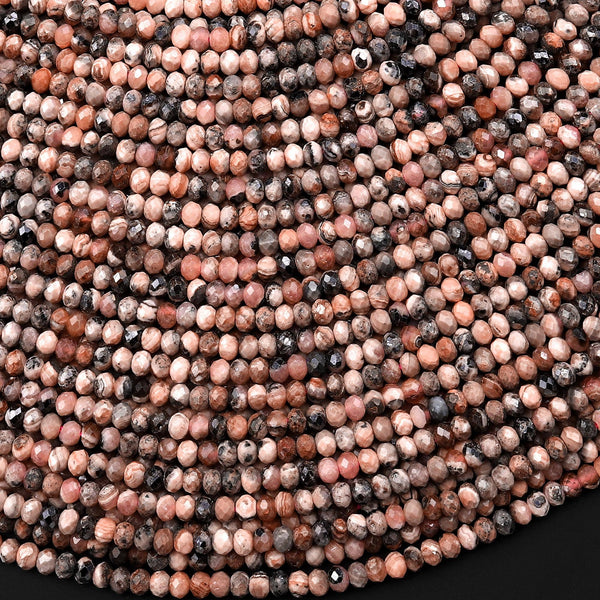 Natural Rhodochrosite 3mm Faceted Rondelle Beads Black Iron Matrix Micro Diamond Cut Gemstone 15.5" Strand
