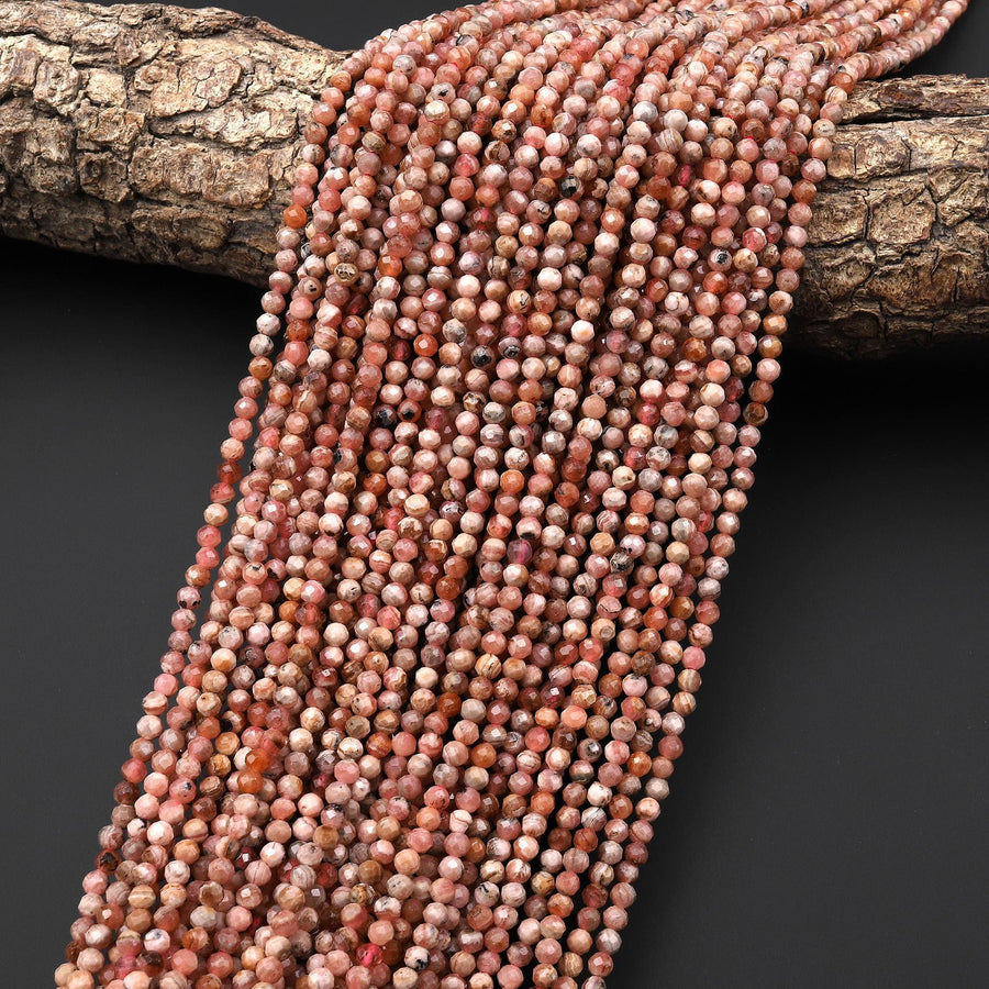 Faceted Natural Rhodochrosite 3mm Round Beads Micro Laser Diamond Cut Gemstone 15.5" Strand