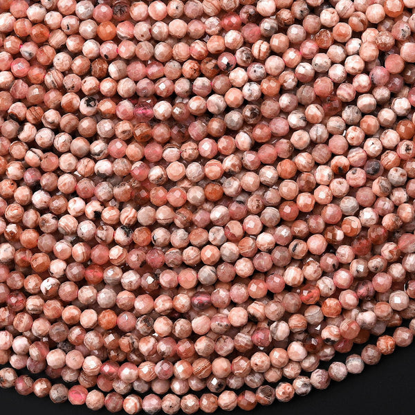 Faceted Natural Rhodochrosite 3mm Round Beads Micro Laser Diamond Cut Gemstone 15.5" Strand
