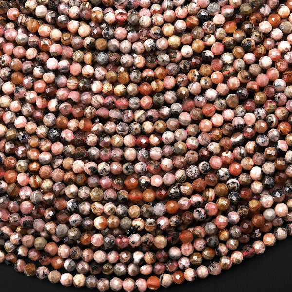 Natural Rhodochrosite Black Iron Matrix 3mm 4mm Faceted Round Beads 15.5" Strand