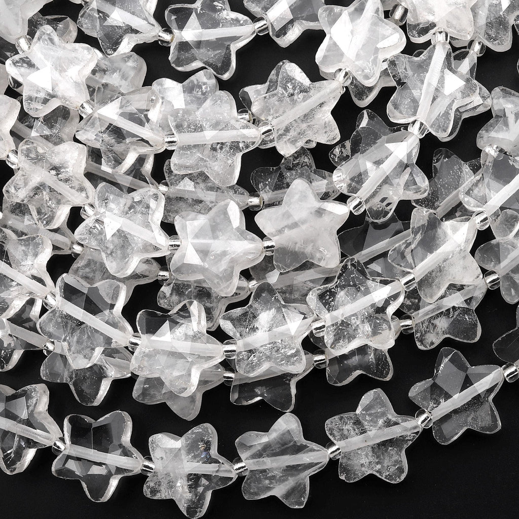 Sparkling Faceted Natural Rock Quartz 14mm Carved Star Gemstone 15" Strand