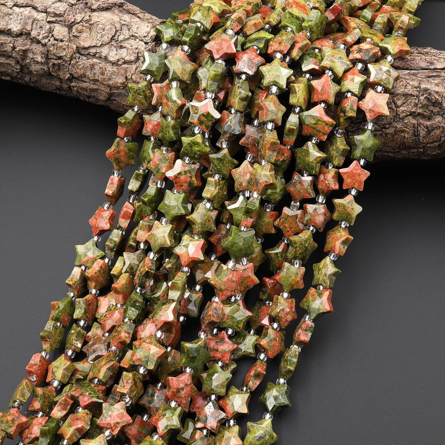AAA Faceted Natural Unakite Beads 10mm 14mm Carved Star Gemstone 15" Strand