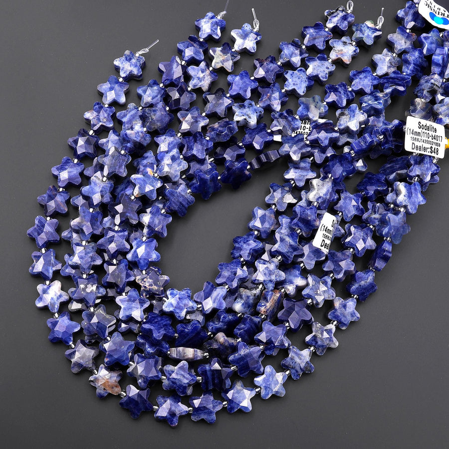 Sparkling Faceted Natural Blue Sodalite 14mm Carved Star Gemstone 15" Strand