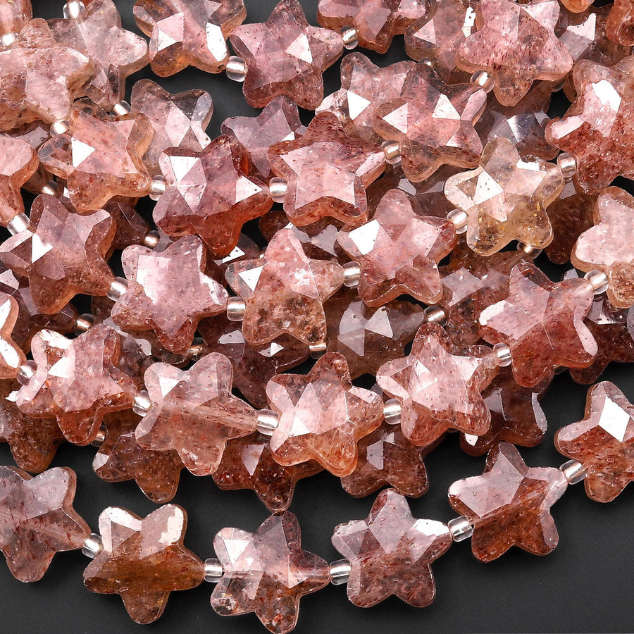 Sparkling Faceted Natural Brown Red Strawberry Quartz 14mm Carved Star Gemstone 15" Strand