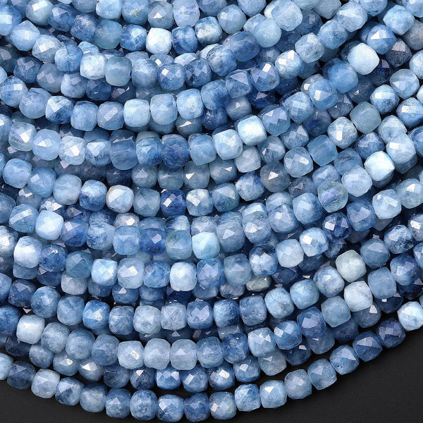 Faceted Natural Blue Aquamarine 4mm Cube Beads Gemstone 15.5" Strand
