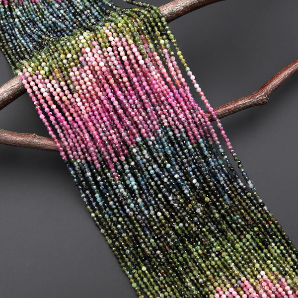 Faceted Natural Pink Green Blue Paraiba Tourmaline Micro Faceted 2mm Round Ombre Graduating Colors Gemstone Beads 15.5" Strand