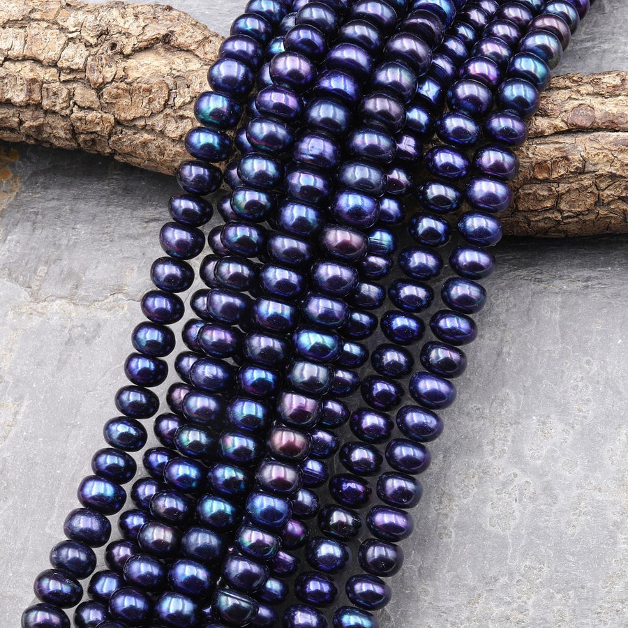 Genuine Freshwater Pearl 10mm Rondelle Brilliant Metallic Peacock Blue Color 15" Strand