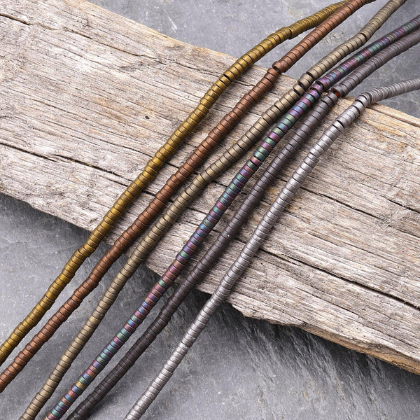 Matte Hematite 2mm Heishi Beads Small Spacer Silver Gold Bronze Rainbow Champagne Black 15.5" Strand