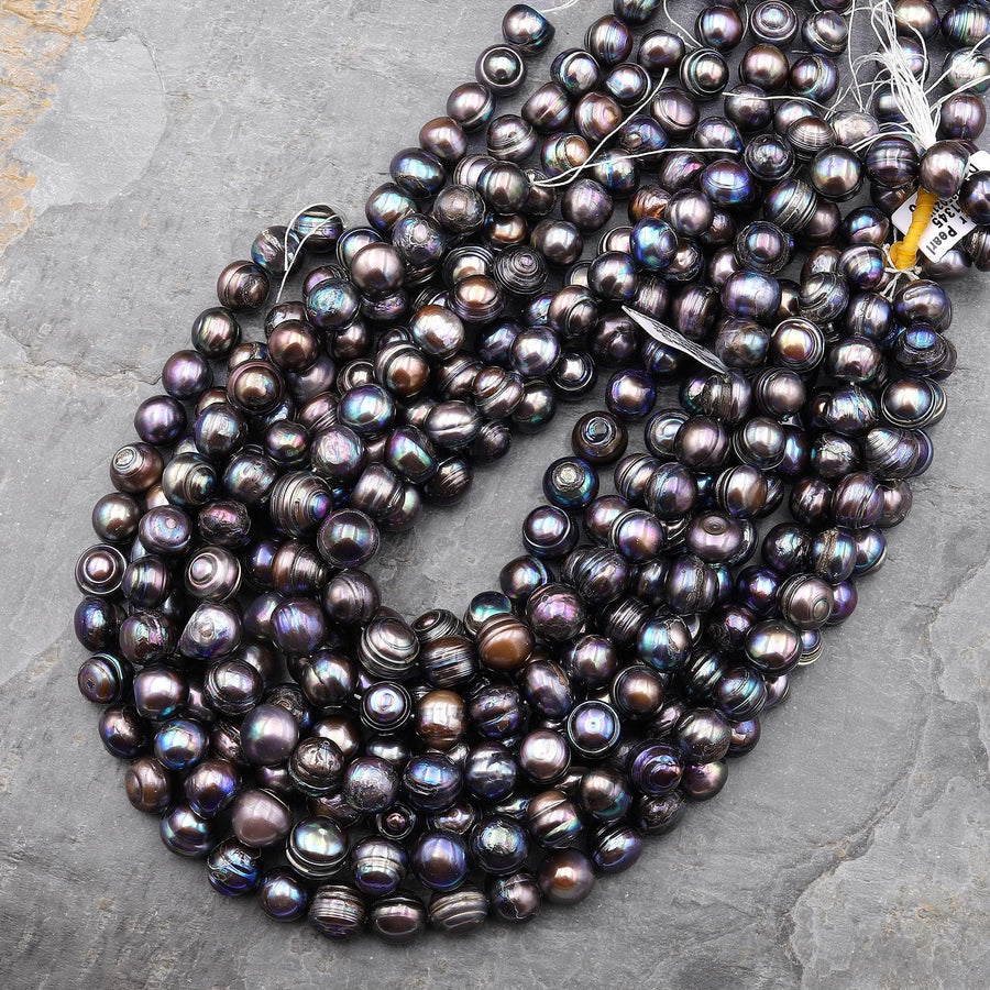 Large Black Peacock Pearl 10mm 12mm Off Round Organic Shape 15" Strand