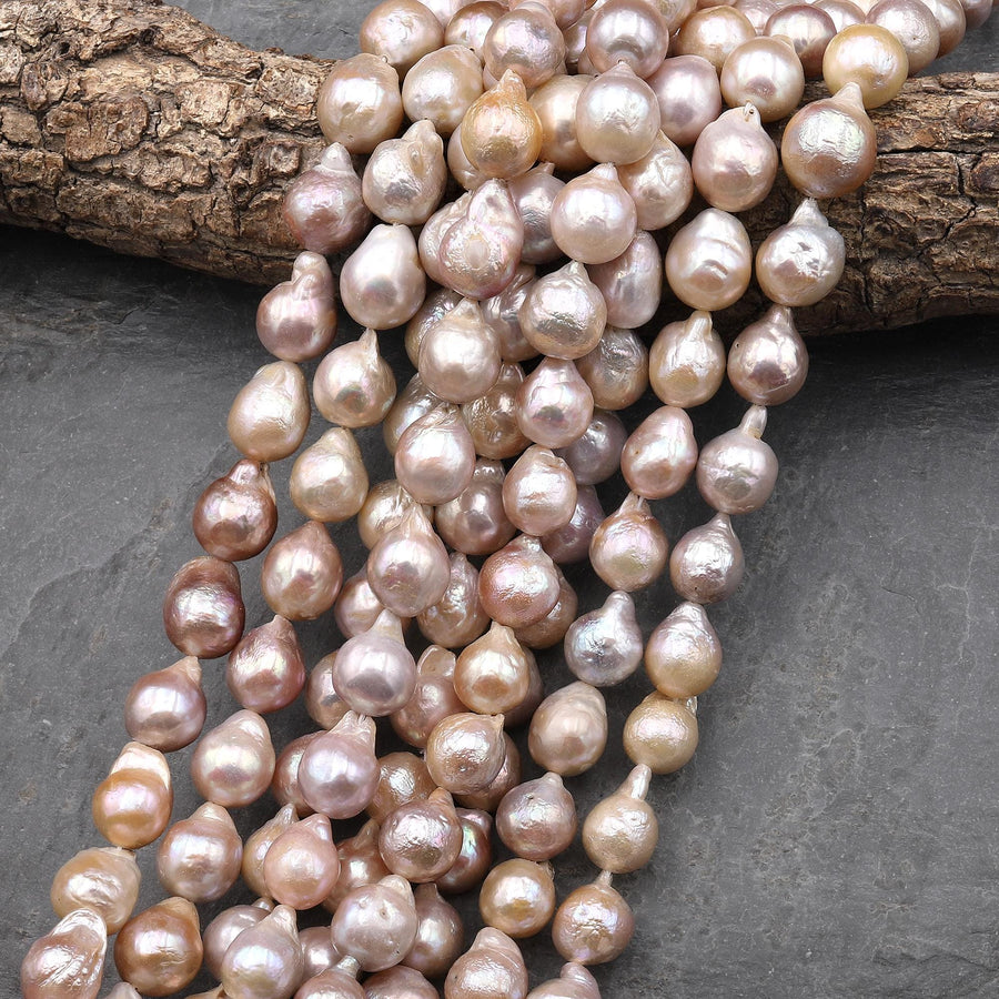Genuine Freshwater Ming Fireball Flameball Pearl Large Iridescent Powder Pink 15.5" Strand
