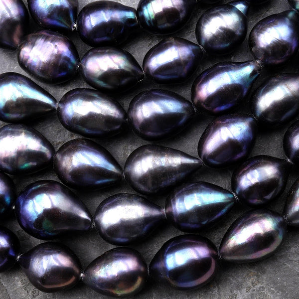 AAA Large Natural Black Peacock Teardrop Pearl Good For Earrings Vertically Drilled 15.5" Strand