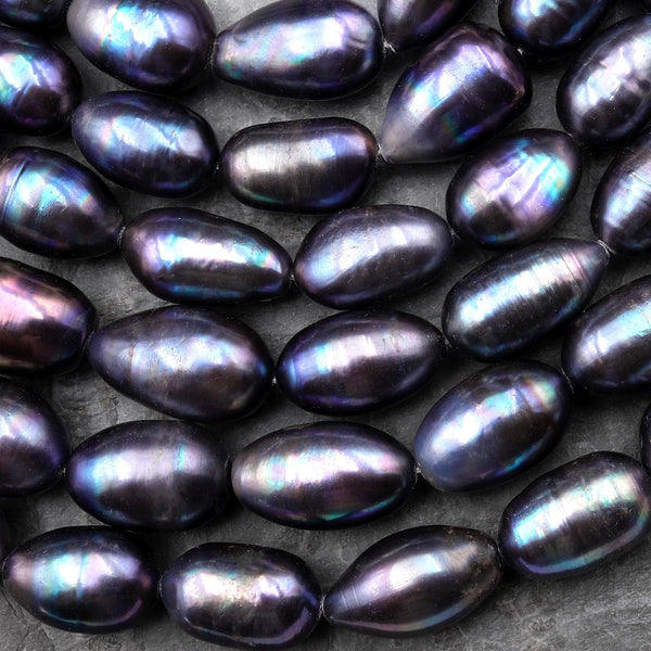 AAA Large Long Natural Black Peacock Teardrop Oval Pearl Good For Earrings Vertically Drilled 15.5" Strand