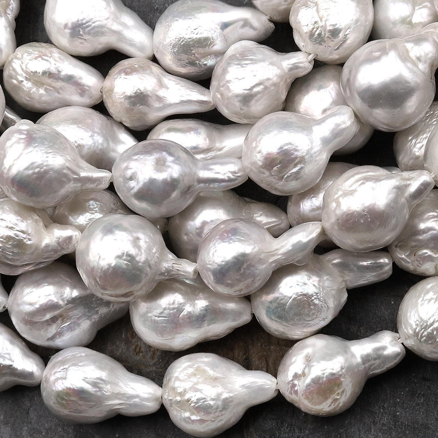 Genuine Natural White Freshwater Pearl Ming Fireball Flameball Pearl Irregular Baroque Nucleated Pearl 15.5" Strand