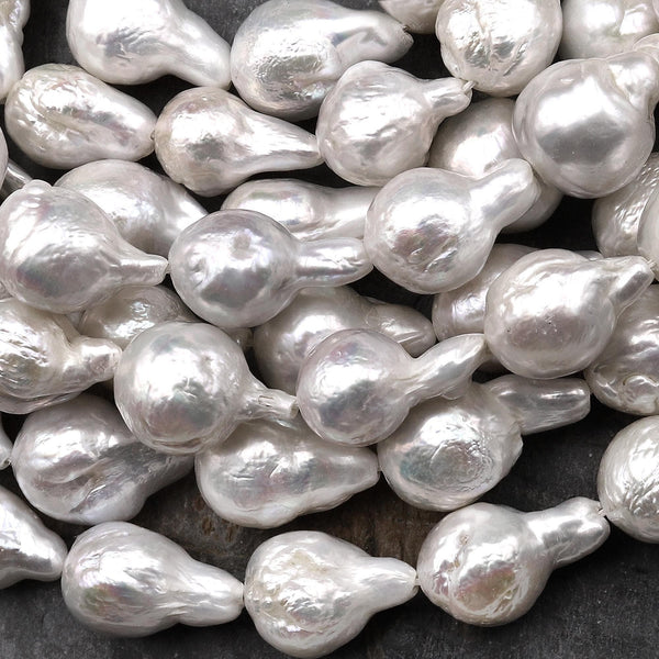 Genuine Natural White Freshwater Pearl Ming Fireball Flameball Pearl Irregular Baroque Nucleated Pearl 15.5" Strand