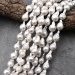 Genuine Natural White Freshwater Pearl Ming Fireball Flameball Pearl Irregular Baroque Nucleated Pearl 15.5" Strand