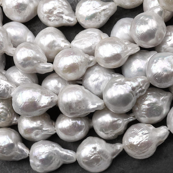 Genuine Natural White Freshwater Ming Fireball Flameball Pearl Baroque Nucleated Pearl 15.5" Strand